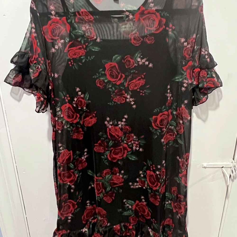 Divided Black Mesh Overlay Dress with Floral Print, size 14